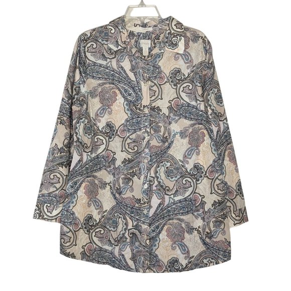 Chico's Blush Scrolls Andie Pa long sleeve button front no-iron Shirt sz 2 sz 12 - Picture 1 of 4